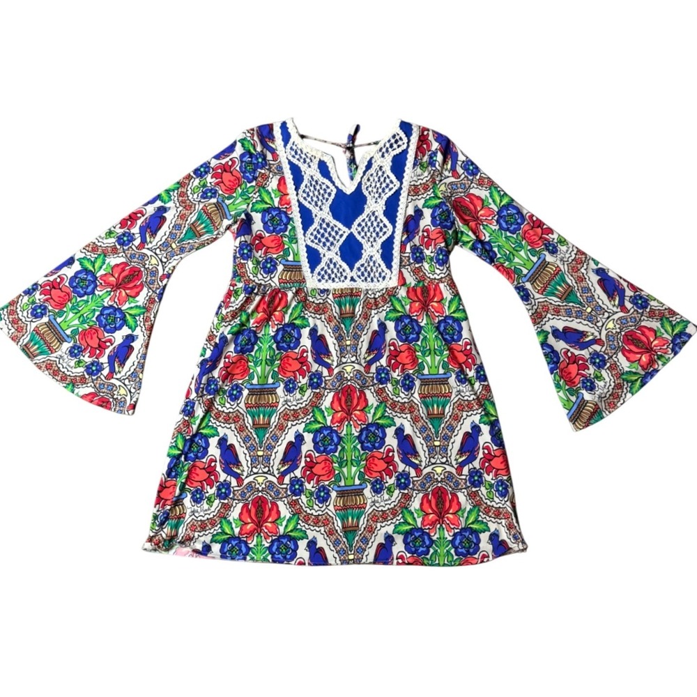 Judith March Bell Sleeve Boho Tunic Floral Bird Print Crochet Lace Multi Small